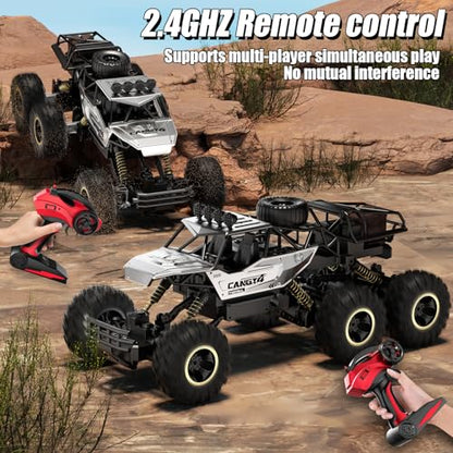 RC Cars, Remote Control Monster Truck - Rock Crawler RC Truck with 2 Rechargeable Batteries, Metal Body, Large Size & LED Headlights, Boy Toys for Kids Ages 4-7 8-12 Birthday Gifts - color: 6 Wheels Silver