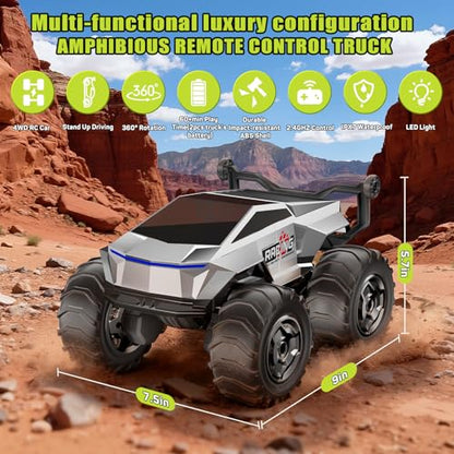 1:16 RC Truck Remote Control Car, 4WD Waterproof Amphibious RC Car All Terrain Pickup,TIME4DEALS 2.4GHz Remote Monster Truck with 360° Rotating Standing Stunt Toy Truck for Kids Boys 6 7 8 9 10 11 12+ - color: Gray