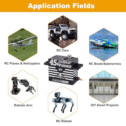 HobbyPark Waterproof RC Servo High Torque Coreless Motor Metal Gear Digital Servo Aluminum Case Parts for 1/8 1/10 RC Crawler SCX10 TRX4 RC Truck RC Car Buggy Basher Control Angle 180° (45kg Torque)