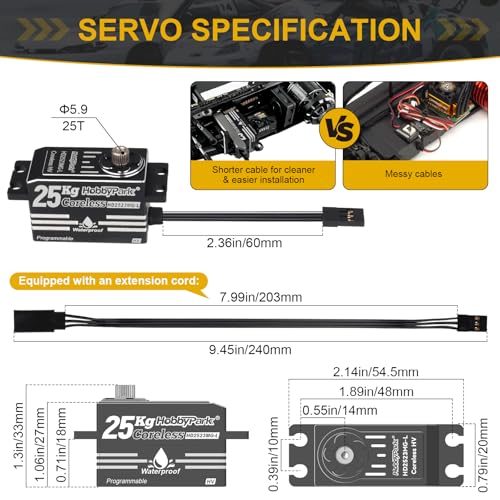 HobbyPark Low Profile Servo 0.05sec Fast High Speed Steering Servo Coreless 25kg fit 1/8 1/10 RC Touring Cars Race Drift for Tamiya XRAY Yokomo Team Associated Xpress Serpent Kyosho MST Mugen Infinity