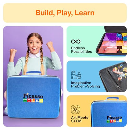 PicassoTiles Toy Storage Travel Case Organizer Bag for Kids Magnetic Tiles | water-resistant Oxford cloth material, durable rubber handle, strong zipper, zippered mesh pocket, drop-proof edges