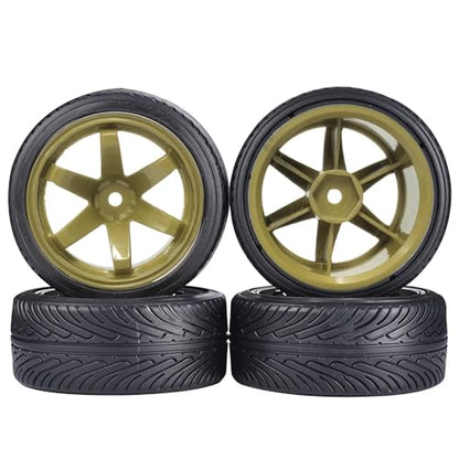 1/10 Drift Wheels and Tires Set,WONFAST 4PCS 63mm Plastic Hard Tyres 6-Spoke Wheels Rims 12mm Hex for 1:10 RC On-Road Drifting Car Replacement for HSP Tamiya HPI Kyosho (Gold) - color: Gold