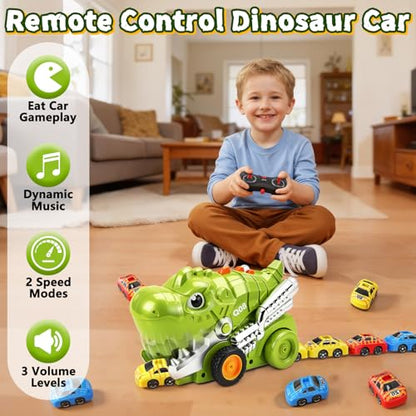 Intoypad RC Dinosaur Eating Car Toys for Kids, 2.4GHz Dino Remote Control Car Toy with 6 Magnetic Cars & Music Dino Truck Birthday Gifts Toys for 3 4 5 6 7 8 9 10 11 12 Year Old Boys Girls (Green) - color: Green