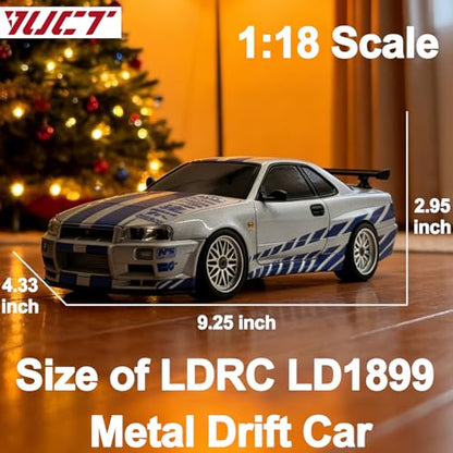 YUCT LDRC LD1899 1/18 RWD Nissan Skyline GTR R34 RC Drift Car with Gyro | 2.4GHz RWD with Gyroscope Alloy Body Extra Metal Drift Tires & Mini Roadblock, Silver - color: Ld1899-silver