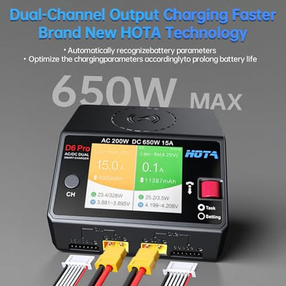 Lipo Battery Charger RC Battery Charger HOTA D6 Pro Smart Charger Dual Channel 15A AC200W with Balance Phone Wireless Charging BoatDC650W for Lipo LiHv Nicd NiMH - color: black