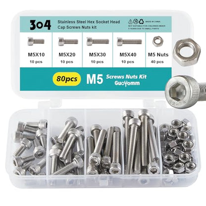 M5 x 10mm 20mm 30mm 40mm Hex Socket Head Cap Screws Bolts and Nuts, Stainless Steel 304, Bright Finish, Metric Allen Drive, Fully Thread, Assortment Kit 80PCS - size: Socket M5x10-40mm+Nuts