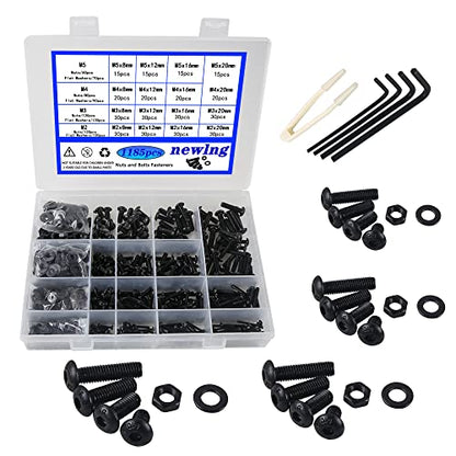 newlng M2 M3 M4 M5 Screws Assortment Kit 1180pcs Metric Black Nuts and Bolts Flat Washers Set 10.9 Grade Alloy Steel Machine Screws and Nuts Hex Socket Button Head Screw with Four Hex Wrenches - size: One Size