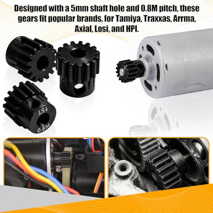 3-Pack Steel Metal 0.8M 5mm Pinion Motor Gear Sets 15T Compatible with HPI Kyosho Losi Axial Tamiya 1/8 1/10 RC Car Monster Truck Buggy, 0.8 Module Gear for Traxxsa Arrma - style: 3Pcs 15T