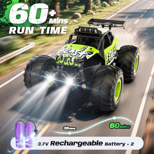 Remote Control Car, All Terrain RC Cars with Speed Switch RC Truck with LED Headlight and Rechargeable Batteries, 20KM/H Monster Truck Toys Gift for Boys 6-8 8-12, Green - color: Green