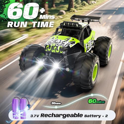 Remote Control Car, All Terrain RC Cars with Speed Switch RC Truck with LED Headlight and Rechargeable Batteries, 20KM/H Monster Truck Toys Gift for Boys 6-8 8-12, Green - color: Green
