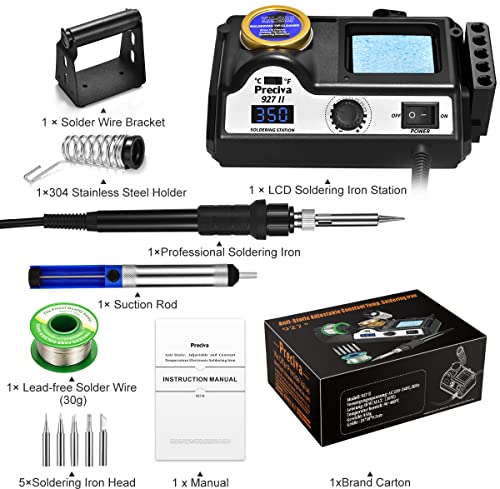 Preciva 927II Soldering Station, 120W MAX Soldering Iron Set with 5 Extra Iron Tips, Adjustable Temperature 194°F to 896°F, Auto Standby,°C/°F Conversion,Tip Cleaner - size: 927II