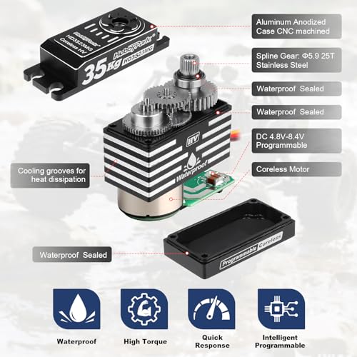 HobbyPark 35kg RC Servo Waterproof High Torque Metal Gear Digital Stainless Steel Gears Aluminum Case for 1/7 1/8 1/10 RC Crawler Car Truck Buggy Programmable Control Angle 180° (Coreless Motor)