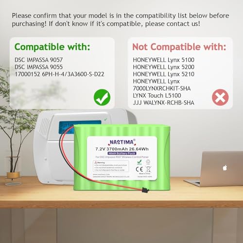 NASTIMA 7.2V NIMH Battery Replacement for ADT DSC IMPASSA 9057 | 3700mAh batterty replacement for SCW9055 SCW9057 BH7236-SS 17000145 17000152 Wireless Home Security System - size: Black 2 Prong