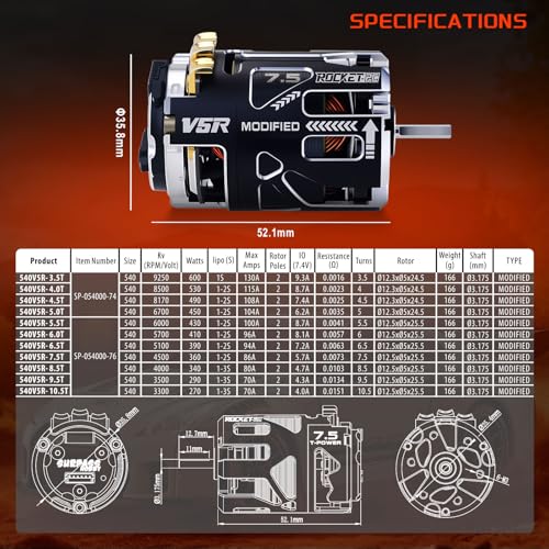 Surpass Hobby 540 V5R Sensored Brushless Motor 9.5T Competition Level Motor with Shaft 3.175 Use for 1:10 RC Racing Car（Modified 9.5T） - style: MODIFIED 9.5T