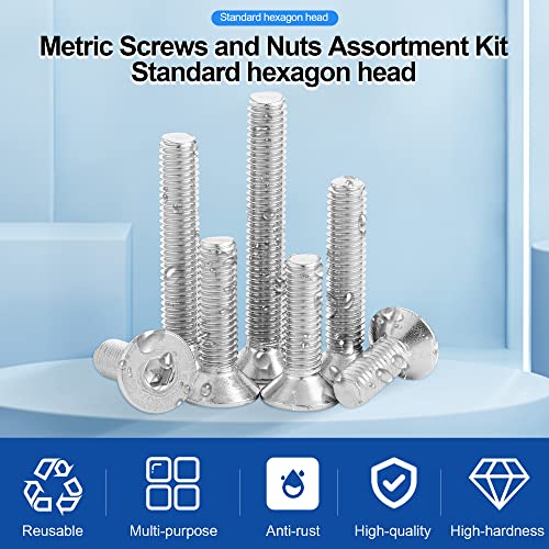 NINDEJIN 580 PCS M2 M3 M4 M5 Metric Hex Socket Button Head Screw Bolts Kit | 304 Stainless Steel, Machine Screw, Bolts Nuts Flat Washers Wrenches Screw Set, Resistant to Rust, Corrosion, Replace Screws - size: 580 Hex Flat Head Socket Screws Nuts