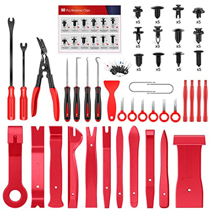 Nilight Trim Removal Tool 102 Pcs, Auto Push Pin Bumper Retainer Clip Set | Fastener Terminal Remover Tool Round Handle Crowbar Kit Car Panel Radio Removal Auto Clip Pliers - color: 102 Clips+ Remover Tools Red