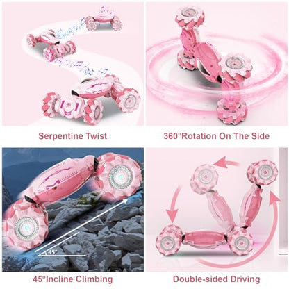 Fosgoit Pink RC Car Toys for Girls Aged 6-12, Gesture Sensing RC Stunt Cars with Lights Music for Girl Birthday Xmas Gifts, 2.4GHz 4WD Pink Remote Control Toy Double-Side Flip 360° All-Round Rotation - color: Pink