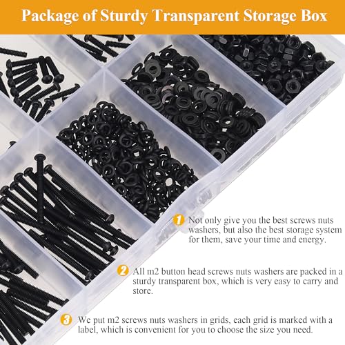565 Pieces M2 Screws Nuts Washers Set Black, Sutemribor M2 x 4/6/8/10/12/16/20mm Button Head Socket Cap Screws Nuts Washers Assortment Kit, 10.9 Grade Alloy Steel, Fully Threaded - size: M2, style: Button Head Socket Cap