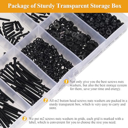 565 Pieces M2 Screws Nuts Washers Set Black, Sutemribor M2 x 4/6/8/10/12/16/20mm Button Head Socket Cap Screws Nuts Washers Assortment Kit, 10.9 Grade Alloy Steel, Fully Threaded - size: M2, style: Button Head Socket Cap