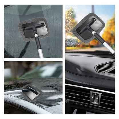 Car Windshield Cleaner Tool, Detachable Car Window Cleaner with Aluminum Extendable Handle & 2 Reusable Cloth Pads, Washable Vehicle Windshield Cleaning Wand for Exterior (Gray) - color: Gray