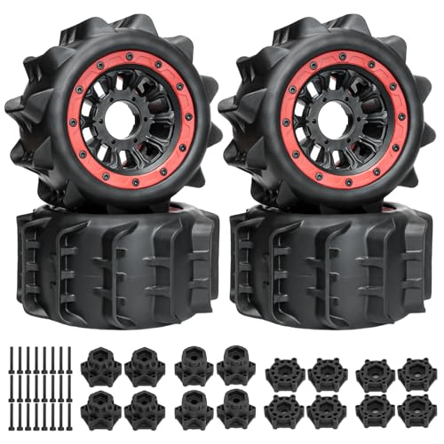LRFHL 2.8 Beadlock Wheel Tires with 14mm/12mm Hex Adapter for 1/10 RC Car | 4PCS RC Tires Sand Terrain, 1/10 RC Monster Truck, for Traxxas Rustler Stampede Redcat Arrma Vorteks Big Rock Granite - color: Red