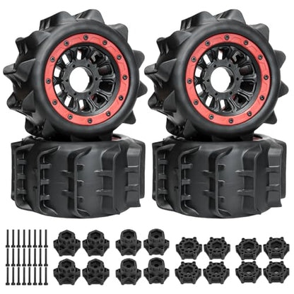 LRFHL 2.8 Beadlock Wheel Tires with 14mm/12mm Hex Adapter for 1/10 RC Car | 4PCS RC Tires Sand Terrain, 1/10 RC Monster Truck, for Traxxas Rustler Stampede Redcat Arrma Vorteks Big Rock Granite - color: Red