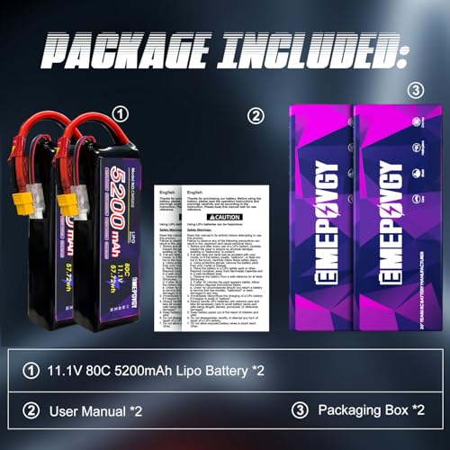 11.1V Lipo Battery 3S 5200mAh 80C Lipos Soft Case with XT60 Connector for RC Car Airplane Helicopter Boat Racing RC Hobby(2 Packs) - color: Softcase-2