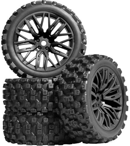 4PCS Pre-Glued RC Crawler Car Rubber Tires and Plastic Wheels Set, 70mm*26mm Tires and Rims with 12mm Hex Fits for ARRMA 1/14 1/16 1/18 Granite/Typhon Grom RC On/Off Road Crawler Truck Car (Black) - color: Black