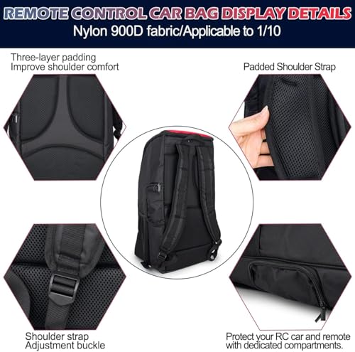 AMK RC Car Backpack, Waterproof RC Car Bag Large Capacity RC Car Storage Bag for 1/8 & 1/10 RC Crawler, Padded Carrying Case with Straps & Multi Pockets for TRX4 TRX6 Axial SCX10 Capra D90 TF2 CC01 - color: Red