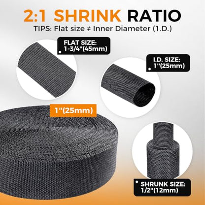 2:1 Ratio Automotive Heat Shrink Braided Sleeving 1''-8ft | Black 2 in 1 Ratio Wear-Resistant Flat Woven Heat Shrinkable Sleeve Fabric for Car Cable Wires Hoses Cord Protection - size: 1"-8ft