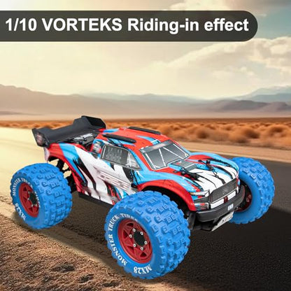 LRFHL MX28 F/R 2.8" RC Monster Truck Tires and Wheels 4PCS, Blue | 12mm/14mm Hex Adapter, 1/10 RC Monster Truck, Compatible with Traxxas Stampede Rustler Redcat Arrma Vorteks Big Rock Granite - color: Blue Tires+ Red Hex Wheel-4