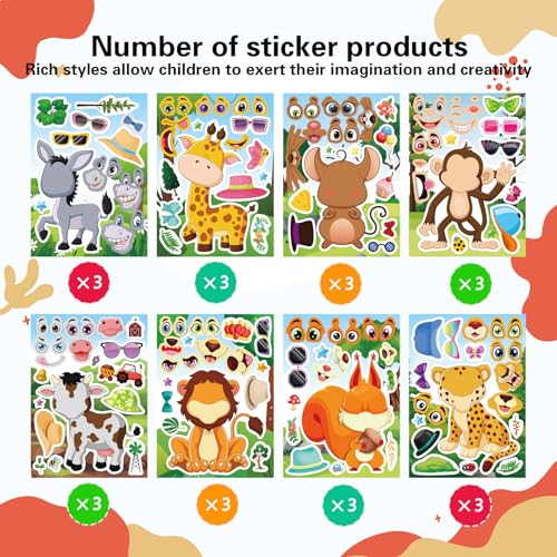 24 Sheets Animal Stickers for Kids Toddler, Jungle Animal Stickers Make-a-face Sticker Sheets Make Your Own Mix and Match Sticker for School Classroom Techer Reward Birthday Gift - style: Forest Animal