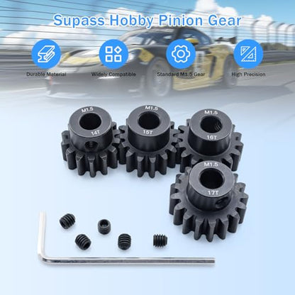 M1.5 Pinion Gear 14T 15T 16T 17T 8mm Shaft Steel Motor Gear Set for 1/5 1/6 1/7 1/8 1/10 Tra-xxas Arrma HSP HPI AXIAL LOSI RC Car Brushed Brushless Motor - size: 14T 15T 16T 17T