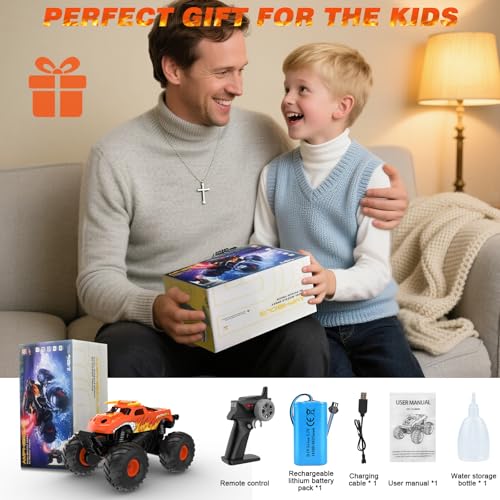 Amphibious Remote Control Car 4WD | RC Monster Truck with Dual Spray Mist & Led Lights,1:16 Scale Waterproof RC Cars for All Terrain Off-Road Pickup Toys Gifts for Boys/Girls Age 8-12+ - color: Orange