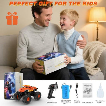 Amphibious Remote Control Car 4WD | RC Monster Truck with Dual Spray Mist & Led Lights,1:16 Scale Waterproof RC Cars for All Terrain Off-Road Pickup Toys Gifts for Boys/Girls Age 8-12+ - color: Orange
