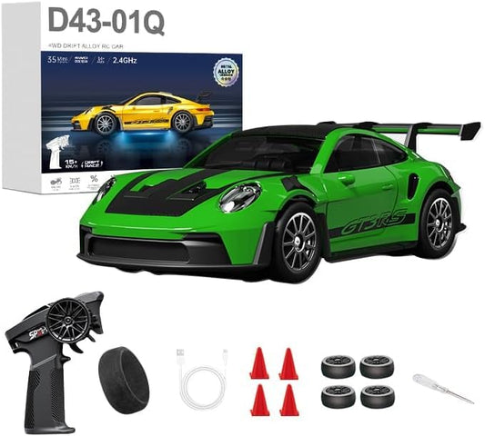 1:43 RC Drift Car 20KM/H with Gyro, 2.4G 4WD Full Proportional Alloy Sport Racing Car, Adjustable Speed, LED Lighting for Teens & Adults-D43-01 - color: Q5/Green