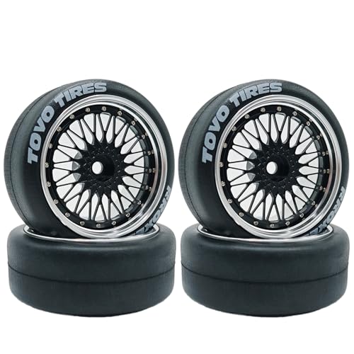 1/10 RC Drift Smooth Tires OD 2.56" & Aluminum Wheels 12mm Hex Hard Drift Racing Tyres for 1:10 1/12 Rally Street On Road Touring Car TT01 TT02 XV02 XV01 TA06 KYOSHO PTG2 4PCS (Black) - color: Black