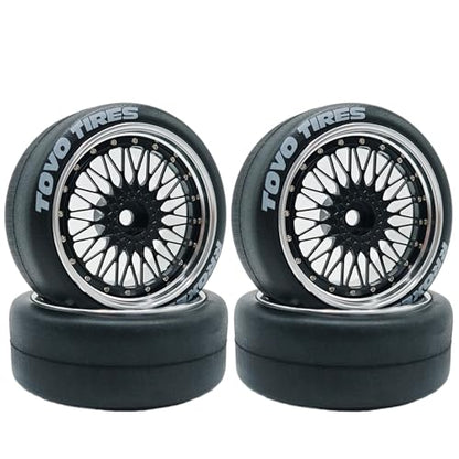 1/10 RC Drift Smooth Tires OD 2.56" & Aluminum Wheels 12mm Hex Hard Drift Racing Tyres for 1:10 1/12 Rally Street On Road Touring Car TT01 TT02 XV02 XV01 TA06 KYOSHO PTG2 4PCS (Black) - color: Black