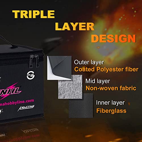 CNHL Fireproof Lipo Safe Bag Explosionproof Large Double Zipper Storage | Keeps multiple packs neatly organized, secures lipo charging bag use indoors, and offers easy outdoor portability.