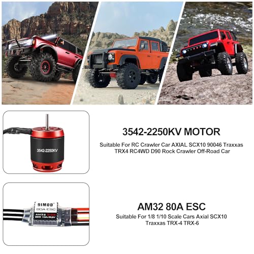 AM32 80A RC Brushless Motor ESC Combo 3542-2250 KV Outrunner Brushless Motor and ESC with USB Linker Sensorless RC ESC Motor Kit for 1/8 1/10 SCX10 TRX-4 Crawler