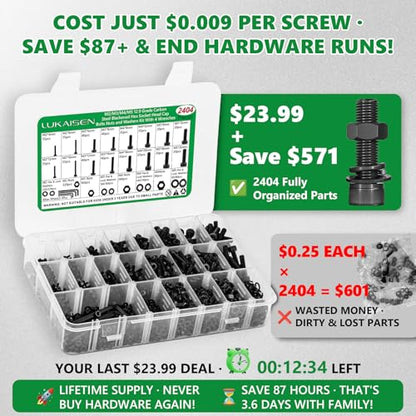 2404PCS Screw Assortment Kit, M2-M5 12.9 Alloy Steel Hex Socket Cap Bolts | With Nuts & Flat Washers & Lock Washers & Wrench, Black Zinc Plated High-Tensile, Length 4-20mm, for 3D Printing, DIY, Home - size: M2 M3 M4 M5 2404pcs 3