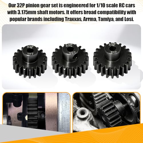 3PCS 32P Pinion Gear #45 Hardened Steel 3.175mm - 19T 20T 21T 0.8M Motor Pinion Gear Set for 1/10 RC Car, Compatible with Traxxas Arrma Tamiya Losi Brushless Brushed Motor Upgrade Parts - size: 19 20 21T