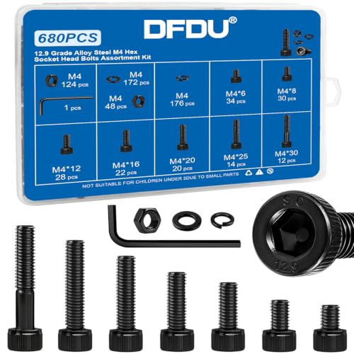 680Pcs M4 Screw Hex Socket Head Cap Bolt Kit 6-30mm 12.9 Alloy Steel | Black Zinc-Plated Metric Allen Bolts Nuts Flat Spring Washers Allen Wrench Assorted Hardware for DIY, 3D Printing Furniture - size: G12.9 M4 680PCS