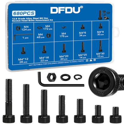 680Pcs M4 Screw Hex Socket Head Cap Bolt Kit 6-30mm 12.9 Alloy Steel | Black Zinc-Plated Metric Allen Bolts Nuts Flat Spring Washers Allen Wrench Assorted Hardware for DIY, 3D Printing Furniture - size: G12.9 M4 680PCS