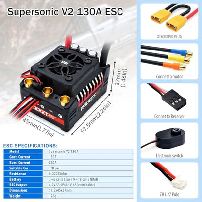 Surpass Hobby Supersonic V2 130A ESC Motor Over-Heat Protection Brushless Esc with Plug for 1/8 RC Car - style: 130A