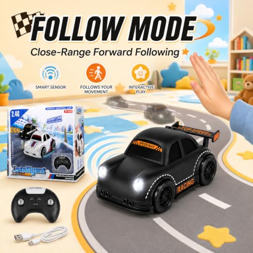 BYTEWAR 3-in-1 Remote Control car for Toddlers, Drift Follow Escape Modes | One-Key Auto Showcase Simulated Sounds and Headlights, Kids Toys for Age 3+ - color: Black Car