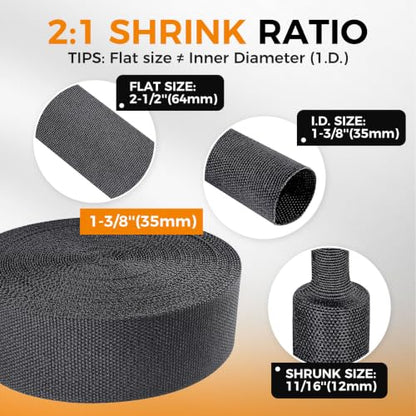 2:1 Ratio Automotive Heat Shrink Braided Sleeving 1-3/8''-8ft | Black 2 in 1 Ratio Wear-Resistant Flat Woven Heat Shrinkable Sleeve Fabric for Car Cable Wires Hoses Cord Protection - size: 1-3/8"-8ft
