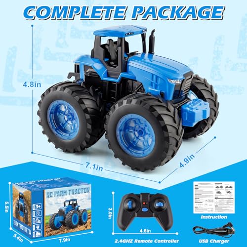 BAYSING Remote Control Monster Tractor Toy, Blue Light Up Monster Truck Toy | LED Lights Toddlers RC Farm Vehicle for 3, 4, 5, 6, 7 years old Boys ＆ Girls Ideal Christmas, Birthday Gifts for Kids - color: Blue