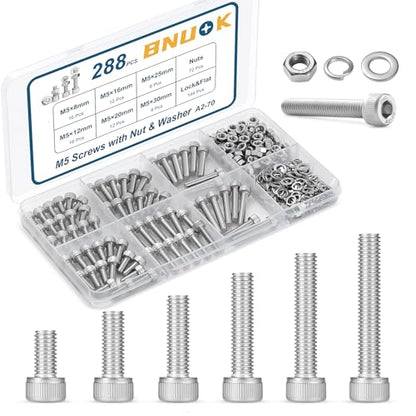 288 PCS M5 Screws Assortment Kit, 304 Stainless Steel M5 Bolts Kit, M5x 8/12/16/20/25/30mm, Hex Socket Head Cap Screws Bolts Nuts Washers Set - size: M5x 8/12/16/20/25/30mm