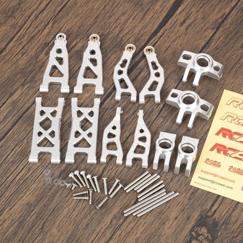 RCAWD for Losi n & ARRMA Mojave Grom Suspension Arms & Steering Set for 1/16 Desert Truck & 1/12 On-Road Upgrade, Steering Spindle & Rear Hub Carrier & Front Rear A-Arms Silver